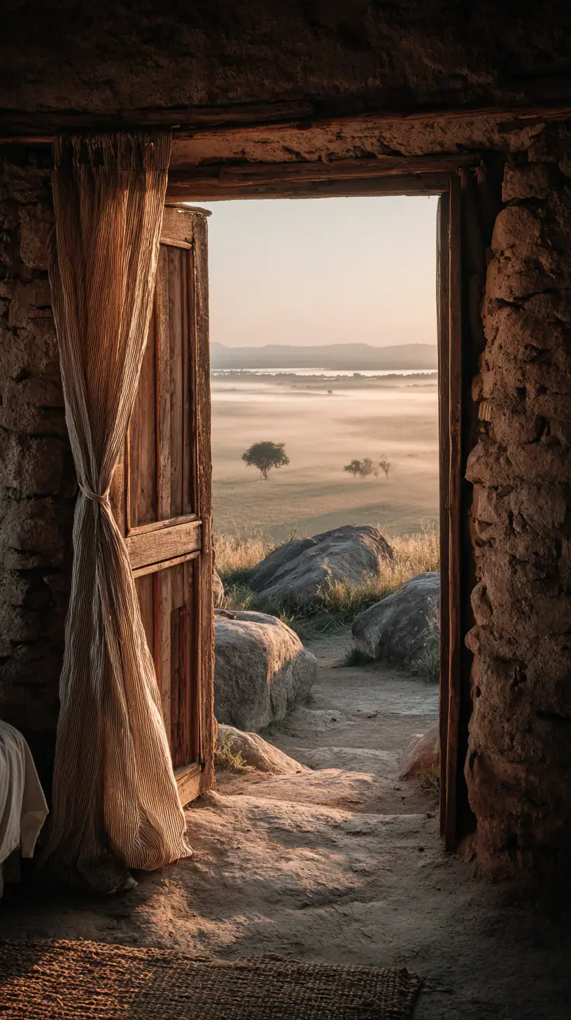 Open doorway in rustic African building looking out over savanna at golden hour