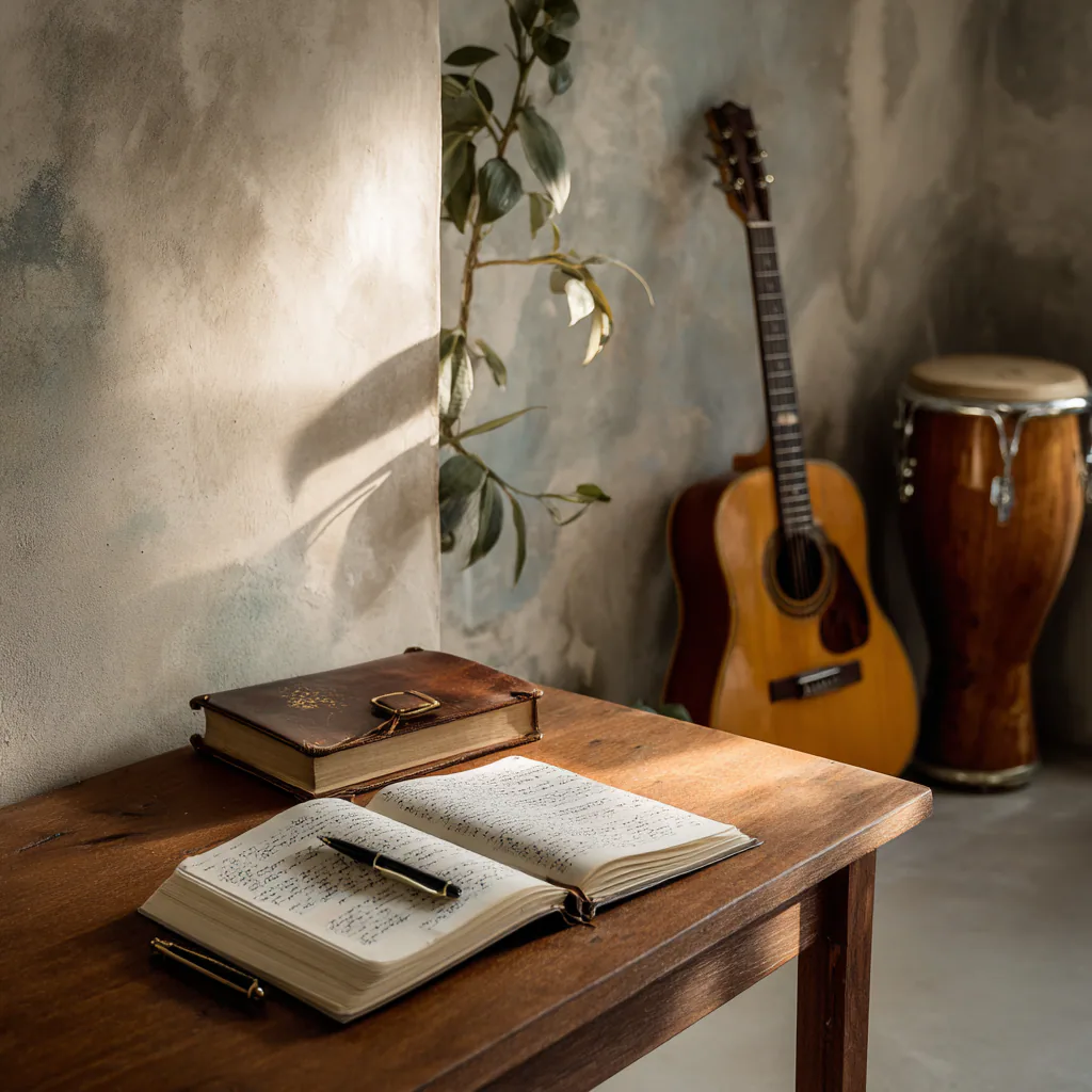 Writing desk with notebook, guitar and djembe drum